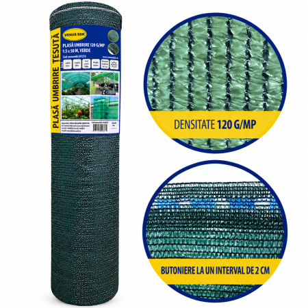 Plasa umbrire 120 g/mp, 1.5 x 50 m, verde